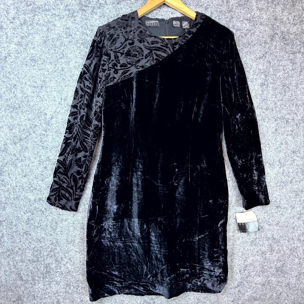 Vintage Liz Claiborne Dress Women 10 Black Floral Crushed Velvet Cocktail Party